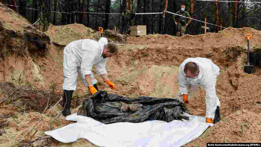 Ексгумація тіла військового із звʼязаними за спиною руками, якого знайшли на місці масового поховання під Ізюмом, Харківська область, 16 вересня 2022 року.«Я тут побачив місце, де поховані військові ЗСУ. Є факти – наприклад, зв’язані руки, – що їх катували і вбивали впритул», – розповів уповноважений Верховної Ради з прав людини Дмитро Лубінець у коментарі Радіо Свобода на місці знайденого поховання