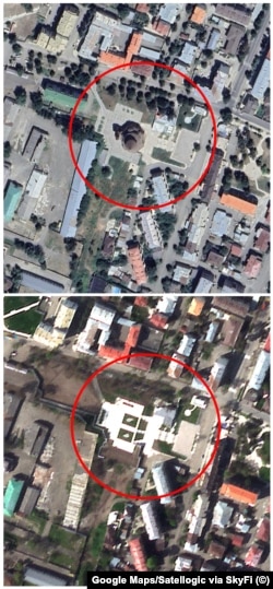 A combination image showing The Holy Mother of God Cathedral in late 2025 (top) and the same site on April 26.