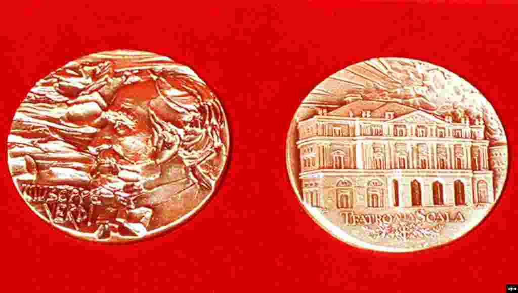 Medals issued by the opera house La Scala in Milan to commemorate the 100th anniversary of Verdi's death, at the age of 87, on January 27, 1901. Verdi and his wife, Giuseppina Strepponi, are both buried at a home for retired singers and musicians that the composer founded, and which he referred to as his greatest work.