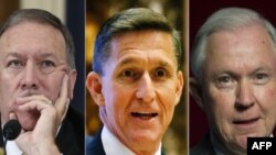 Kongresisti republikan, Mike Pompeo (majtas), gjenerallejtënant Michael Flynn (mes), dhe senatori Jeff Sessions (djathtas).