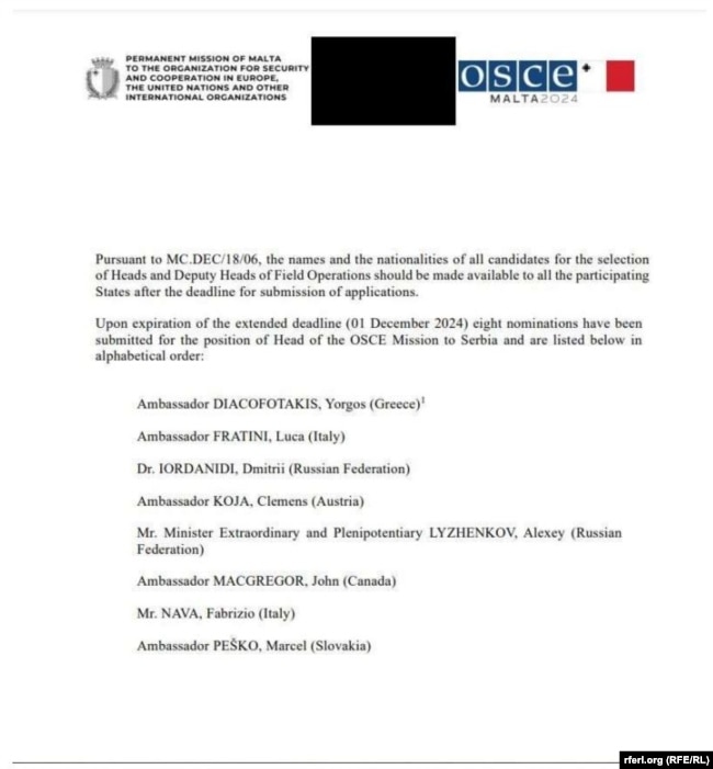 Një dokument i brendshëm i OSBE-së tregon se Dmitry Iordanidi, i cili u dëbua nga Belgjika, është kandidat për drejtues të misionit të OSBE-së në Serbi.