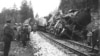 A train blown up on the railway. Photo from the Second World War 