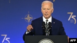 U.S. President Joe Biden speaks during the NATO summit in Washington on July 9.