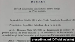 Pagina Decretului prezidențial de numire a Maiei Sandu în funcția de prim ministru, 8 iunie 2019