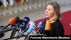 European Union foreign-policy chief Federica Mogherini speaks at an international conference on the future of Syria and the region in Brussels on April 25.