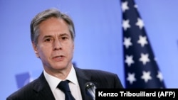 Secretary of State Antony Blinken speaks during a press conference at NATO headquarters in Brussels, April 14, 2021.