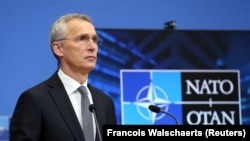 BELGIUM -- NATO Secretary-General Jens Stoltenberg held a news conference on March 22 ahead of a foreign ministers meeting in Brussels.