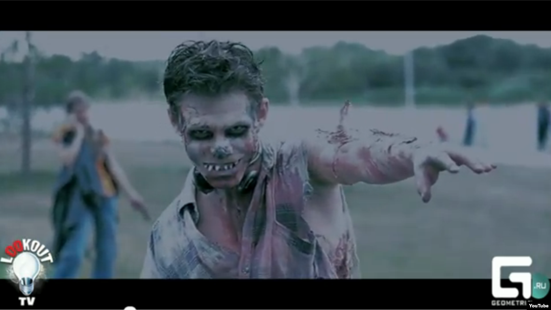 A screen shot from a video taken at the Zombie flash mob in Omsk on August 19.