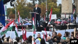 "Tisa" partiyasının lideri Peter Madyar 1956-cı ildə Macarıstanda Sovet işğalına qarşı üsyanının 69-cu ildönümü münasibətilə keçirilən mitinqdə.