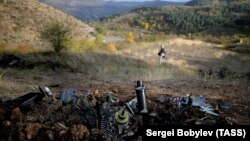 NAGORNO-KARABAKH -- Debris of a shot down unmanned aerial vehicle is seen near Stepanakert, October 11, 2020