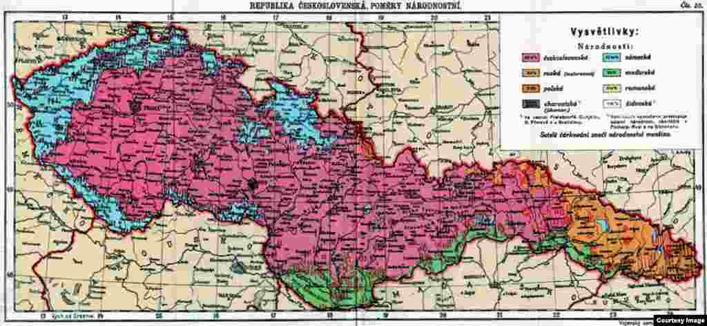 Чехословакия республикасының картасы (1918-1945 жылдар). Этникалық немістер көбірек тұрған аймақтар көк түспен боялған. Жасыл түспен белгіленген жерде венгрлер басым болған. 