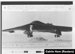 A B-2 Stealth bomber above the Mojave Desert on the aircraft's second test flight in August 1989.