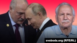 Каляж: Аляксандар Лукашэнка, Уладзімір Пуцін, Валер Карбалевіч (зьлева направа) 
