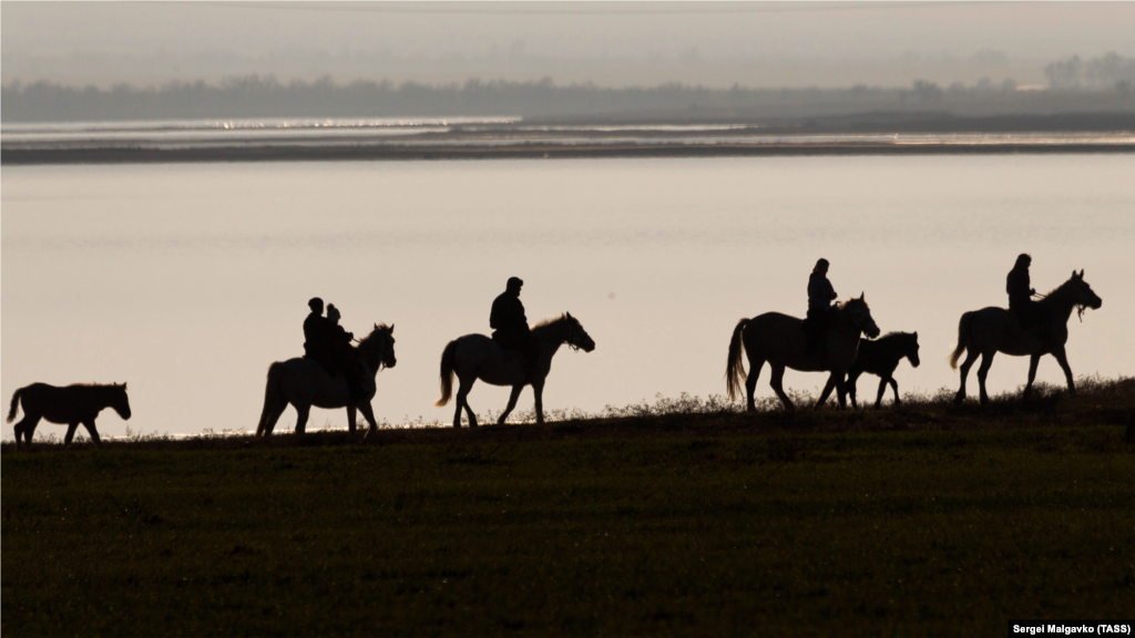 Люди едут на лошадях вдоль побережья Ярылгачской бухты