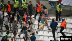 Violence broke out after the England-Russia soccer match when a group of what appeared to be Russian fans charged at England supporters in the stadium and broke through security barriers meant to separate rival supporters.