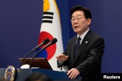 South Korean President Lee Jae Myung speaks at a press conference in Seoul on September 18.