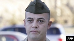 Staff Sergeant Frank Wuterich walks into court during opening statements in the Haditha murders trial at Camp Pendleton in California on January 9.