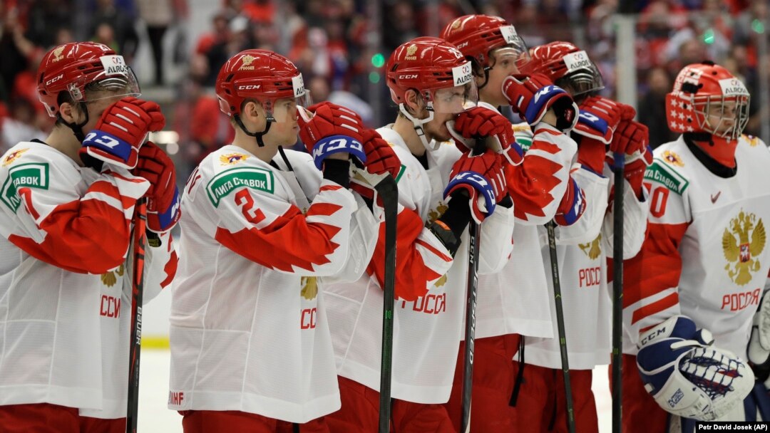 Russian players stand on the ice after losing the U20 Ice Hockey Worlds gold medal match between Canada and Russia in Ostrava, Czech Republic, in January 2020.