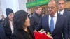 Russian Foreign Minister Sergei Lavrov (right) welcomes North Korean Foreign Minister Choe Son Hui after her arrival in Moscow on November 1.