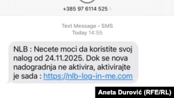 Primjer phishing prevare porukom sa sumnjivog broja korisnicima NLB banke. Kliktanjem na ponuđeni link korisnik je u riziku da mu budu ukradeni podaci.