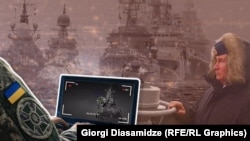 ილუსტრაცია: უკრაინელი დრონების ოპერატორი და რუსეთის შავი ზღვის ფლოტი პუტინის ფონზე