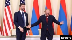 U.S. Vice President JD Vance and Armenia's Prime Minister Nikol Pashinian hold a joint press conference, in Yerevan, February 9, 2026.