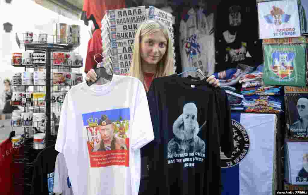 A choice of slogans: one T-shirt declares the gratitude of the Serbian nation to Putin, while the other says, &quot;The Olympics May Be Over, But The Games Have Just Begun.&quot; 
