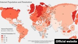 Величина страны на этой карте зависит от количества населения, имеющего доступ к интернету (Oxford Internet Institute World Map)