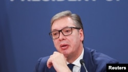 Predsednik Srbije Aleksandar Vučić govori tokom konferencije za novinare u Beogradu, Srbija, 9. oktobra 2025. godine.