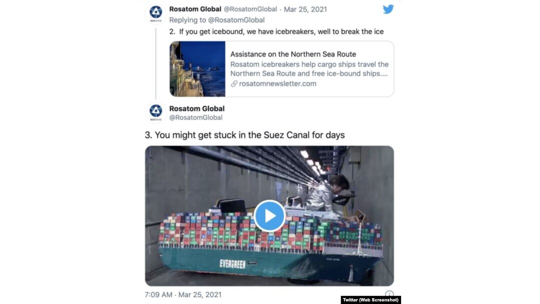 A screen shot of one of several Twitter posts dated March 25 by the Russian state company overseeing the country’s Arctic icebreaker fleet. The posts, which appeared to make fun of the cargo ship that got stuck in the Suez Canal, were later taken down.