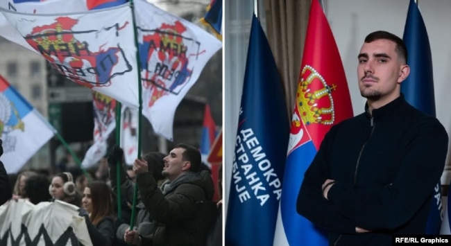 Kryetari i rinisë së Novi DSS-së, Vuk Marinoviq. Fotografia majtas është nga protesta para Gjykatës Kushtetuese në Beograd.