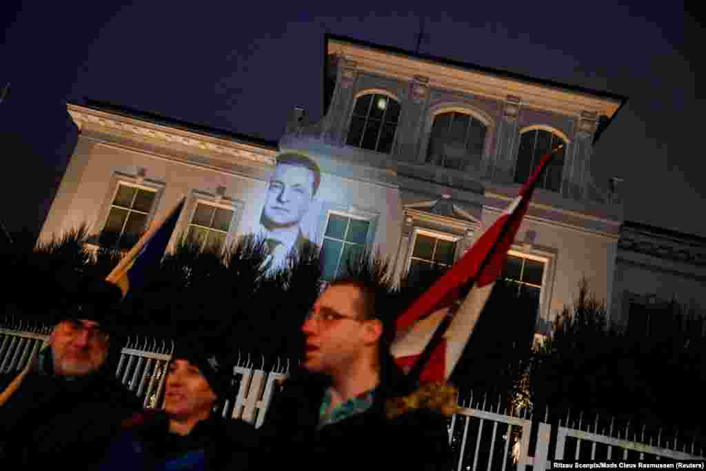 An image of Ukrainian President Volodymyr Zelenskyy is projected onto the Russian Embassy in Copenhagen, Denmark, in February 2023