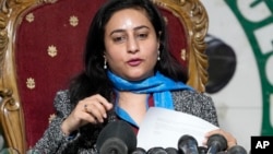 Munizae Jahangir, the co-chairperson of the Human Rights Commission of Pakistan, speaks during a news conference in Islamabad on January 1.