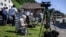Journalists set up near the Burgenstock luxury hotel complex above Lake Lucerne on June 19.