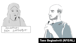 ნახატი სასამართლო სხდომიდან. საქმეში, რომელსაც მოსამართლე ნინო გალუსტაშვილი განიხილავს, იუმორისტი ონისე ცხადაძე ბრალდებულია. სადავო პარლამენტში მიღებული ახალი კანონით, სხდომაზე ფოტო-ვიდეო გადაღება აკრძალულია.