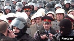 Armenia -- Riot police confront opposition protesters in Yerevan on 01Mar2008.