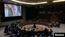 Роджър Уотърс от Пинк Флойд говори по видео конферентна връзка пред Съвета за сигурност в ООН на 8 февруари 2023 г.