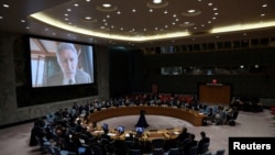 Former Pink Floyd bassist Roger Waters speaks via a video link during a UN Security Council meeting on Ukraine in New York on February 8. 