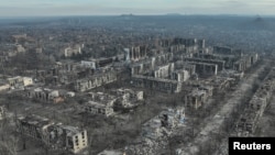 A drone view shows residential and administrative buildings damaged and destroyed by Russian military strikes in the town of Toretsk, Donetsk region, Ukraine, on December 19.