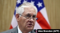 U.S. Secretary of State Rex Tillerson speaks during a media availability with Indian Foreign Minister after their meeting in New Delhi on October 25.