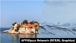 Kombinovana fotografija crnogorskog turističkog ostrva Sveti Setefan i obale Islanda.