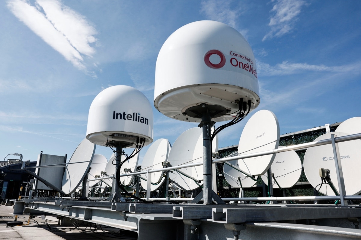 Low-orbit satellite antennas on the roof of Eutelsat Group's Paris headquarters in Issy-les-Moulineaux, France, April 3, 2025