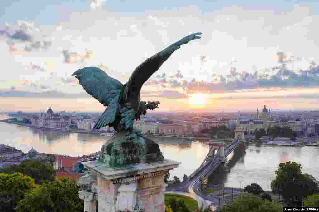 A turul -- a giant bird of prey from Hungarian mythology -- is perched on a pedestal in Budapest&#39;s Royal Castle.