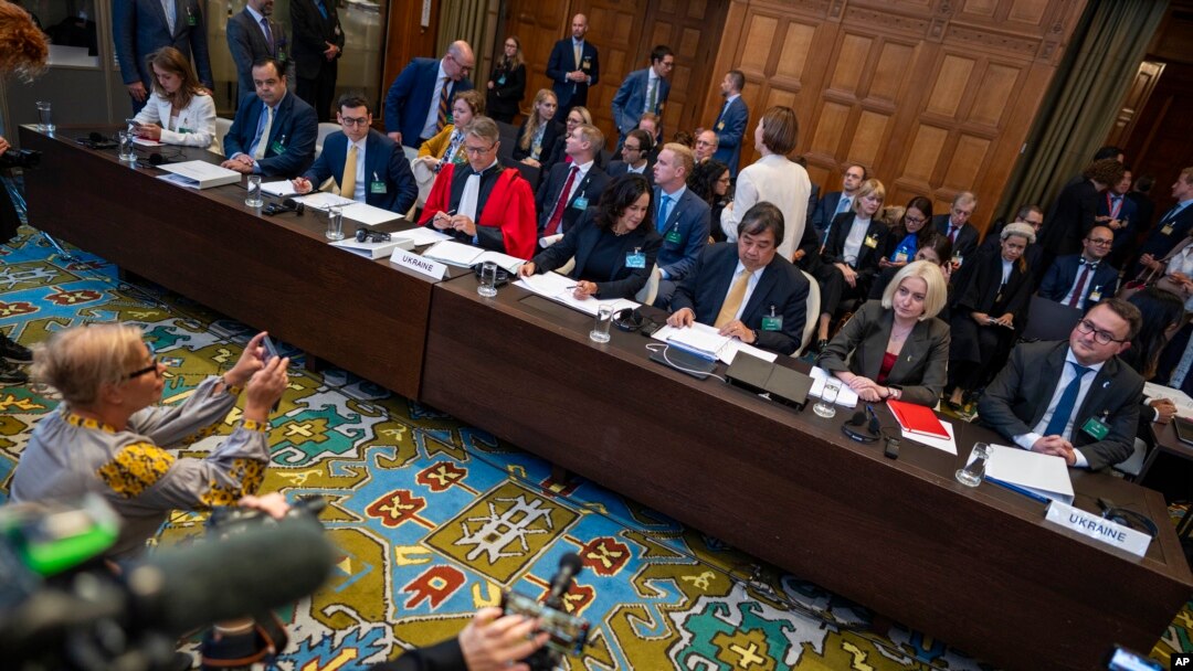 Ukrainian delegates address the World Court in The Hague on September 19.