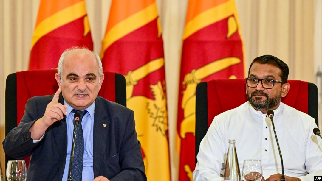 Russian Ambassador to Sri Lanka Levan Dzhagaryan (left) addresses a joint press conference with Sri Lanka's State Minister for Foreign Affairs Tharaka Balasuriya in Colombo on May 30.