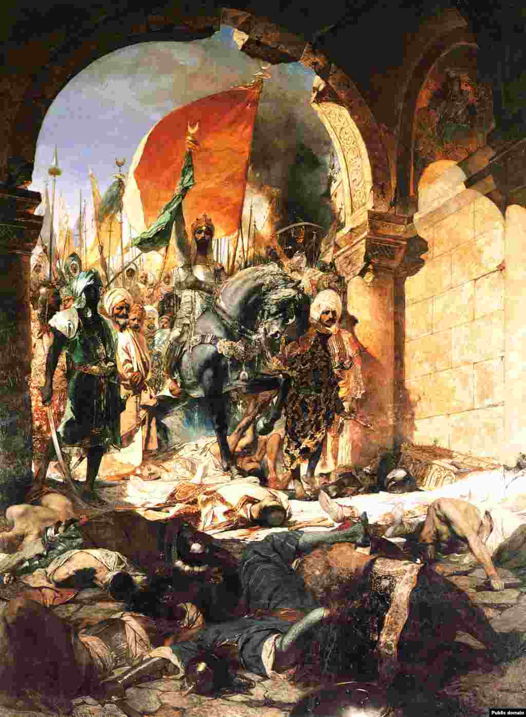 Un tablou din secolul al XIX-lea al artistului francez Jean-Joseph Benjamin-Constant înfățișându-l pe sultanul Mehmet Fatih cucerind Constantinopolul. După ce armata sultanului Mehmet, în vârstă de 21 de ani, a cucerit și a jefuit Constantinopolul în 1453, Hagia Sophia a fost transformată în moschee.