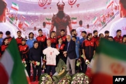 Members of Iran's national soccer team attend a farewell ceremony ahead of their departure for the 2026 FIFA World Cup, in Tehran on May 13.