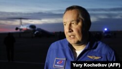 Roskosmos chief Dmitry Rogozin speaks with the media in Baikonur, Kazakhstan, on October 11, 2018.