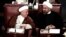 Former Iranian President Akbar Hashemi Rafsanjani (left) chats with current President Hassan Rohani during a session of the Assembly of Experts in Tehran on September 3.