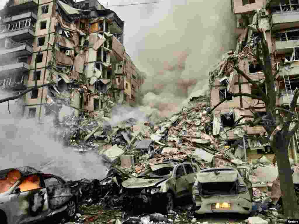 A view shows an apartment building heavily damaged by a Russian missile strike in Dnipro, Ukraine, on January 14.